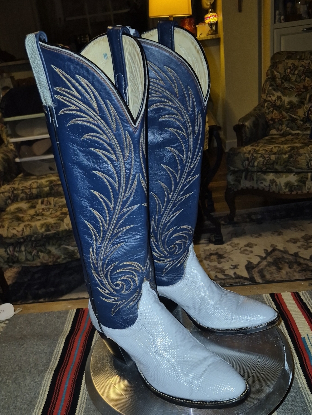 Dan Post Womens Antelope Sz 7 Boots Navy&Dove gray. 17" Tall Made In El Paso - Picture 2 of 16